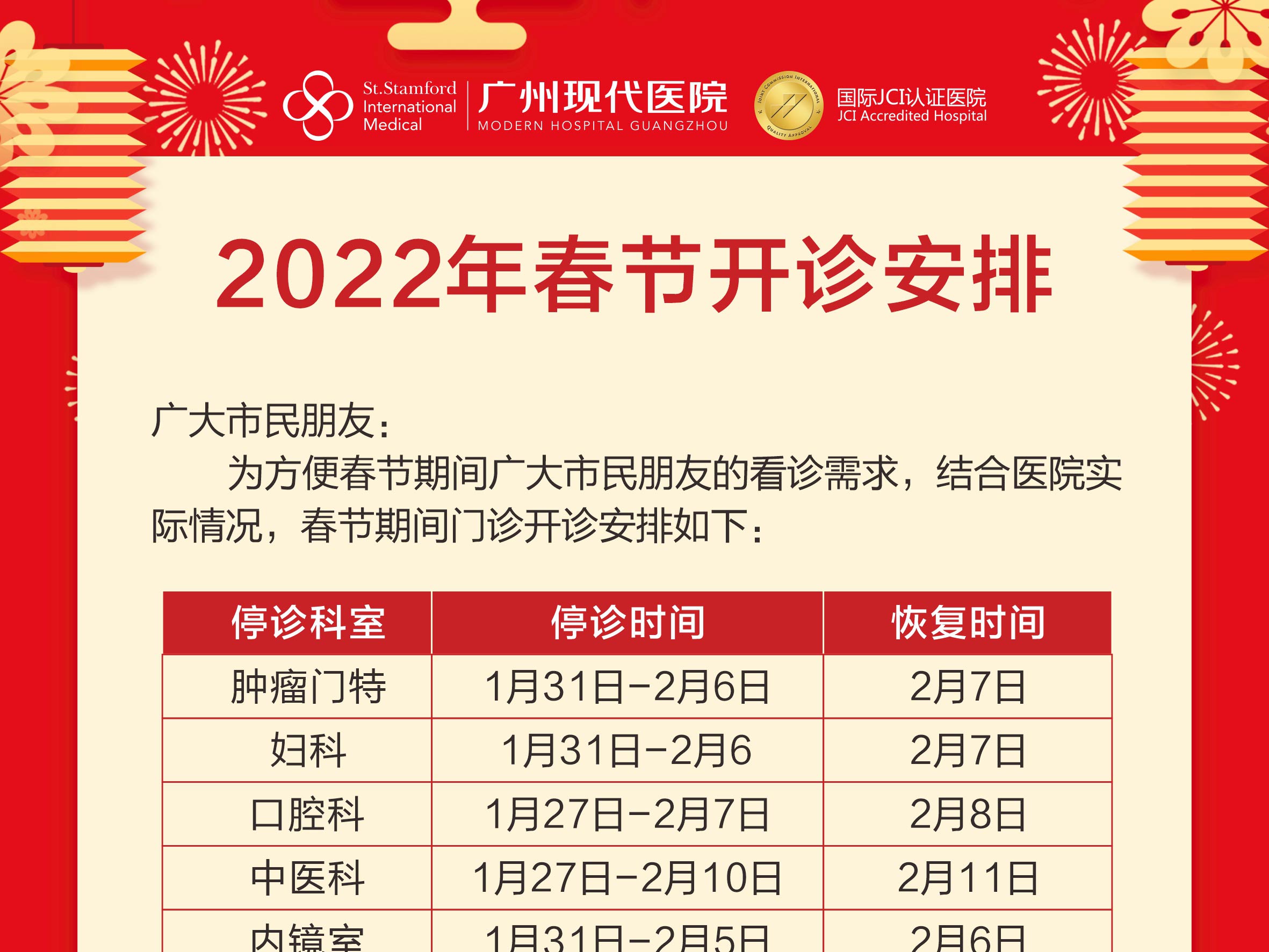 2022年现代医院春节开诊安排